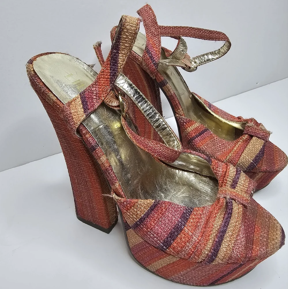 Liliana Multicolor 70s Inspires Stripe Strappy Platform Heels Sandals Women S 7